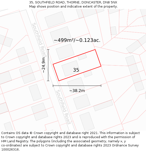 35, SOUTHFIELD ROAD, THORNE, DONCASTER, DN8 5NX: Plot and title map