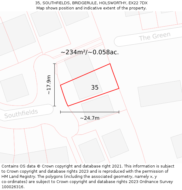35, SOUTHFIELDS, BRIDGERULE, HOLSWORTHY, EX22 7DX: Plot and title map