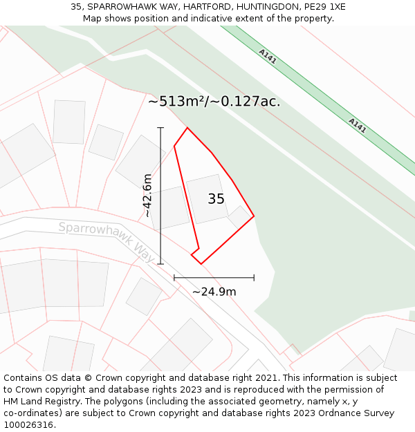 35, SPARROWHAWK WAY, HARTFORD, HUNTINGDON, PE29 1XE: Plot and title map