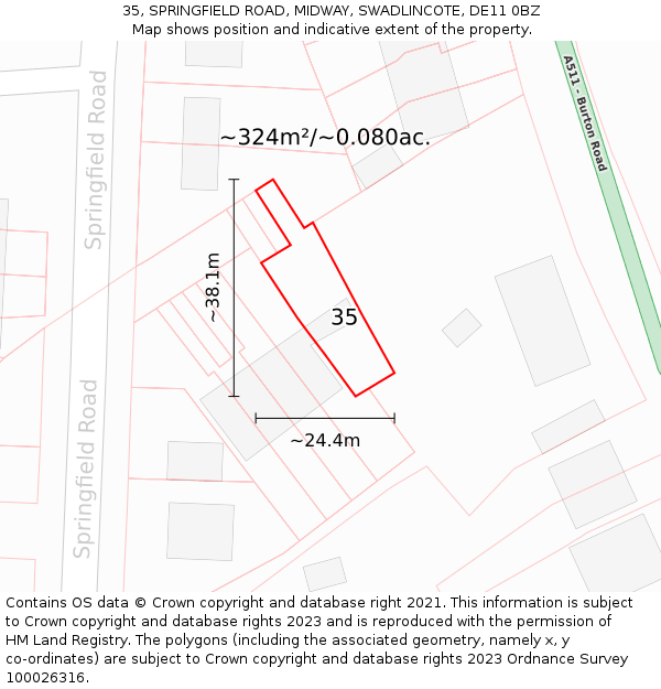 35, SPRINGFIELD ROAD, MIDWAY, SWADLINCOTE, DE11 0BZ: Plot and title map