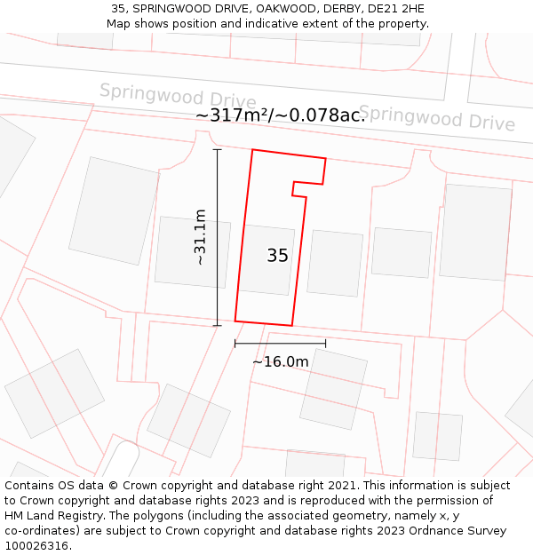 35, SPRINGWOOD DRIVE, OAKWOOD, DERBY, DE21 2HE: Plot and title map