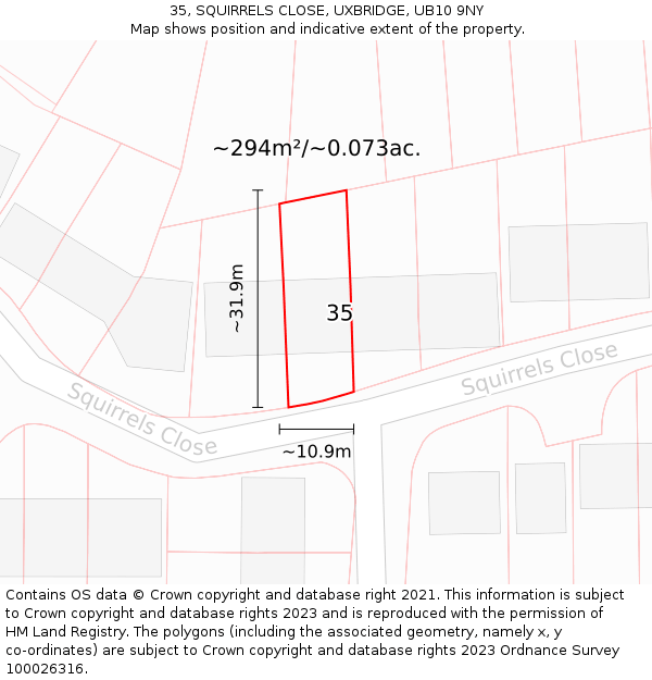 35, SQUIRRELS CLOSE, UXBRIDGE, UB10 9NY: Plot and title map