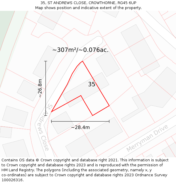 35, ST ANDREWS CLOSE, CROWTHORNE, RG45 6UP: Plot and title map