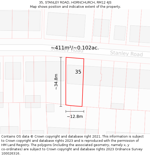 35, STANLEY ROAD, HORNCHURCH, RM12 4JS: Plot and title map