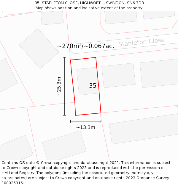 35, STAPLETON CLOSE, HIGHWORTH, SWINDON, SN6 7DR: Plot and title map