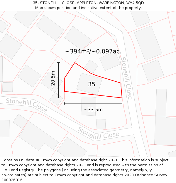 35, STONEHILL CLOSE, APPLETON, WARRINGTON, WA4 5QD: Plot and title map