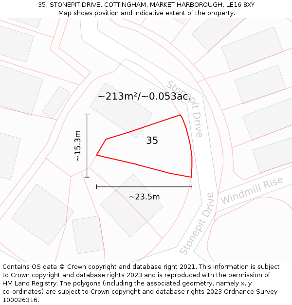 35, STONEPIT DRIVE, COTTINGHAM, MARKET HARBOROUGH, LE16 8XY: Plot and title map
