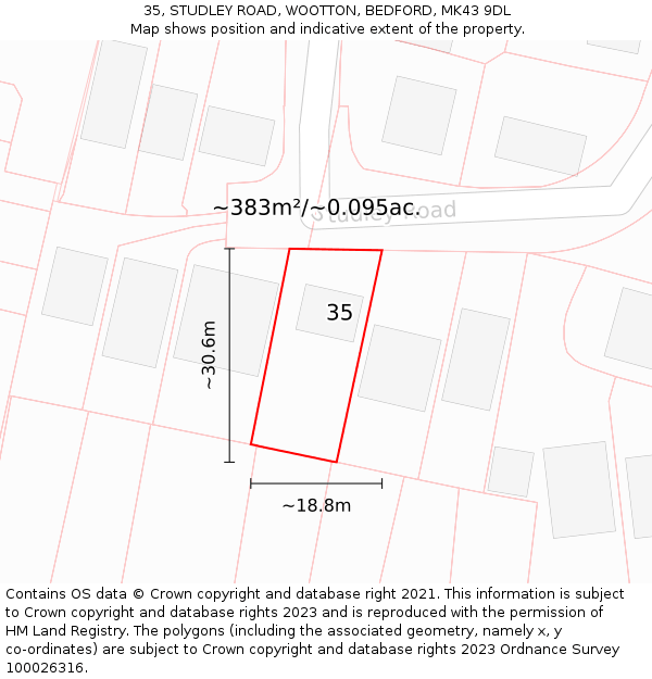 35, STUDLEY ROAD, WOOTTON, BEDFORD, MK43 9DL: Plot and title map