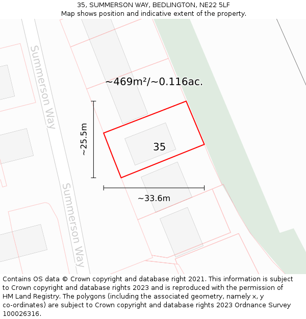 35, SUMMERSON WAY, BEDLINGTON, NE22 5LF: Plot and title map