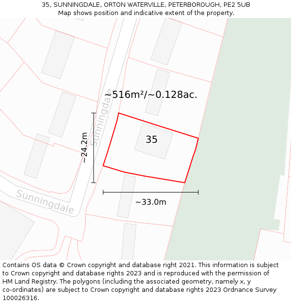35, SUNNINGDALE, ORTON WATERVILLE, PETERBOROUGH, PE2 5UB: Plot and title map