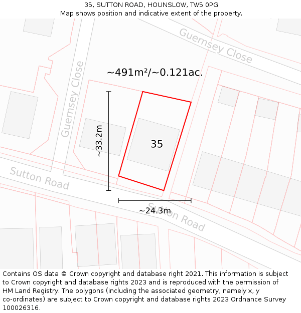 35, SUTTON ROAD, HOUNSLOW, TW5 0PG: Plot and title map