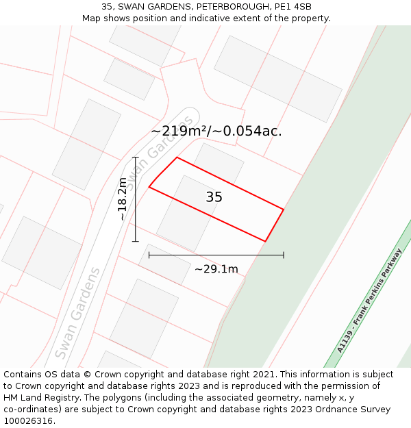 35, SWAN GARDENS, PETERBOROUGH, PE1 4SB: Plot and title map