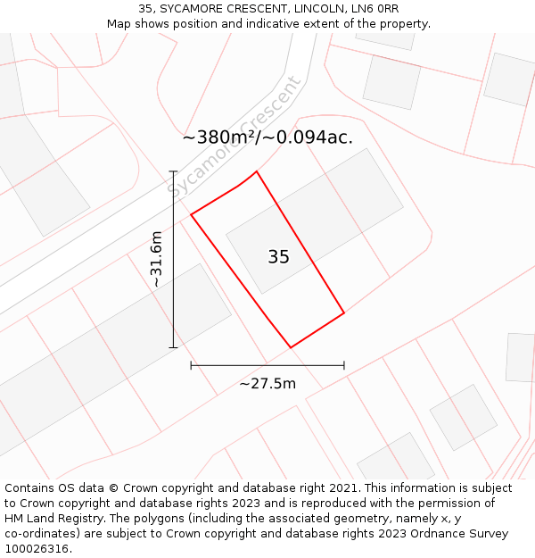 35, SYCAMORE CRESCENT, LINCOLN, LN6 0RR: Plot and title map
