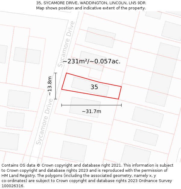 35, SYCAMORE DRIVE, WADDINGTON, LINCOLN, LN5 9DR: Plot and title map