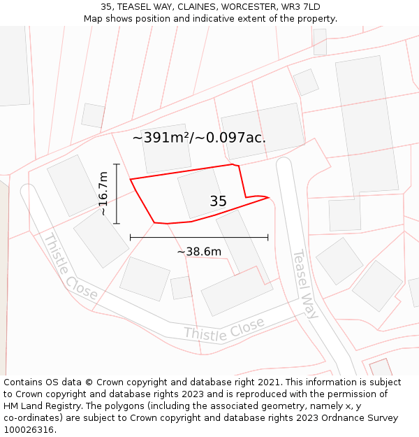 35, TEASEL WAY, CLAINES, WORCESTER, WR3 7LD: Plot and title map