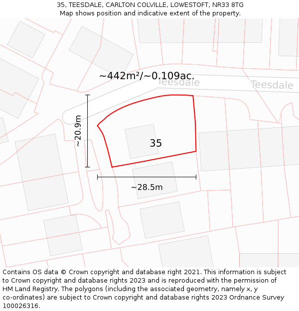 35, TEESDALE, CARLTON COLVILLE, LOWESTOFT, NR33 8TG: Plot and title map