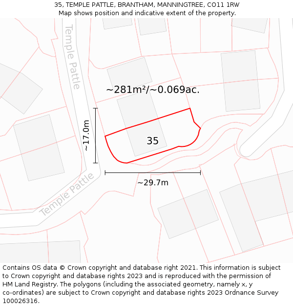 35, TEMPLE PATTLE, BRANTHAM, MANNINGTREE, CO11 1RW: Plot and title map