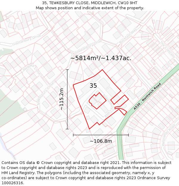 35, TEWKESBURY CLOSE, MIDDLEWICH, CW10 9HT: Plot and title map