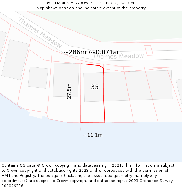 35, THAMES MEADOW, SHEPPERTON, TW17 8LT: Plot and title map