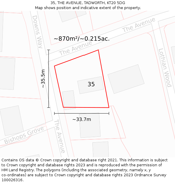 35, THE AVENUE, TADWORTH, KT20 5DG: Plot and title map