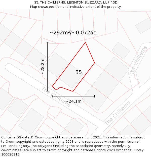 35, THE CHILTERNS, LEIGHTON BUZZARD, LU7 4QD: Plot and title map