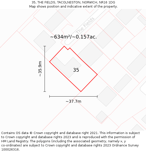 35, THE FIELDS, TACOLNESTON, NORWICH, NR16 1DG: Plot and title map