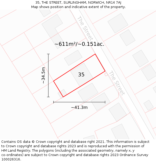 35, THE STREET, SURLINGHAM, NORWICH, NR14 7AJ: Plot and title map