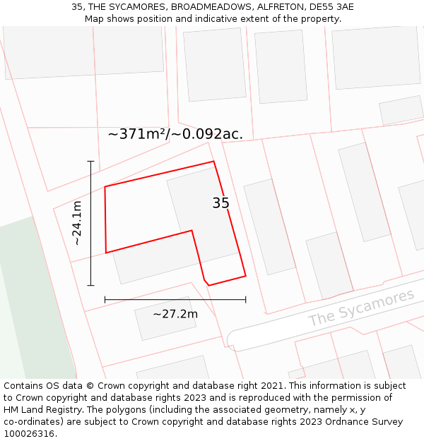 35, THE SYCAMORES, BROADMEADOWS, ALFRETON, DE55 3AE: Plot and title map