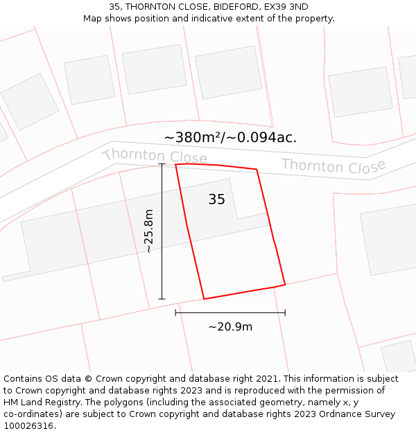 35, THORNTON CLOSE, BIDEFORD, EX39 3ND: Plot and title map