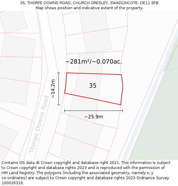 35, THORPE DOWNS ROAD, CHURCH GRESLEY, SWADLINCOTE, DE11 9FB: Plot and title map