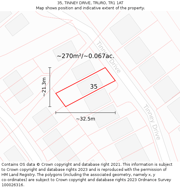 35, TINNEY DRIVE, TRURO, TR1 1AT: Plot and title map