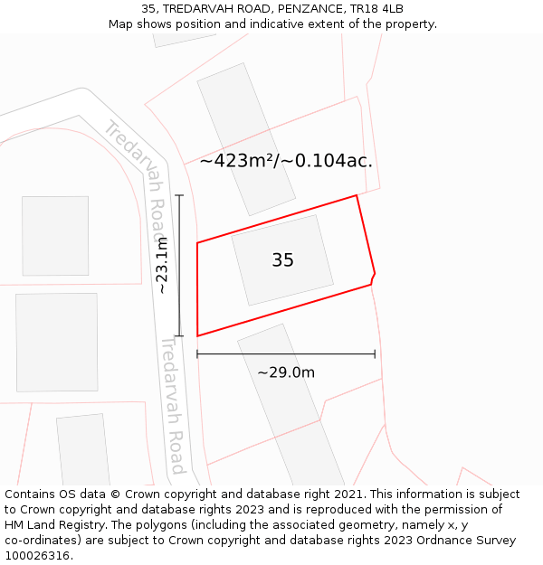 35, TREDARVAH ROAD, PENZANCE, TR18 4LB: Plot and title map