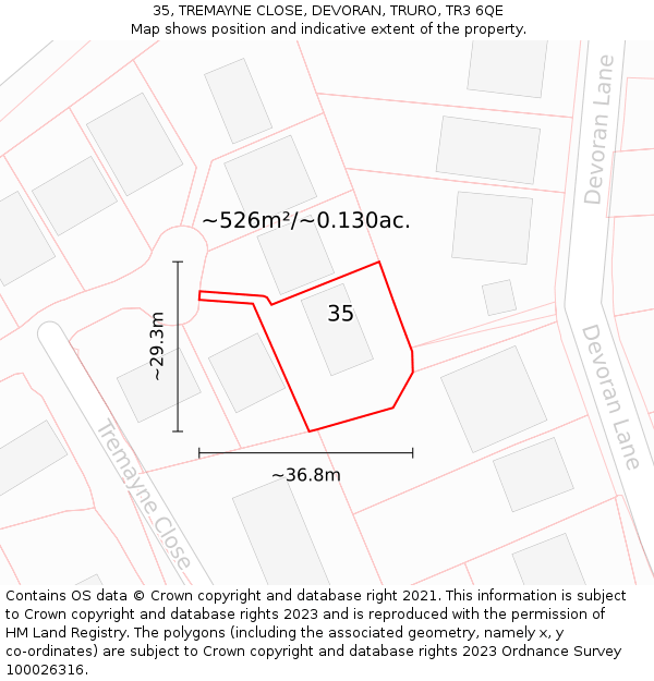 35, TREMAYNE CLOSE, DEVORAN, TRURO, TR3 6QE: Plot and title map