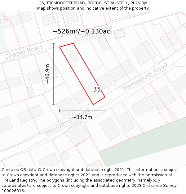 35, TREMODRETT ROAD, ROCHE, ST AUSTELL, PL26 8JA: Plot and title map