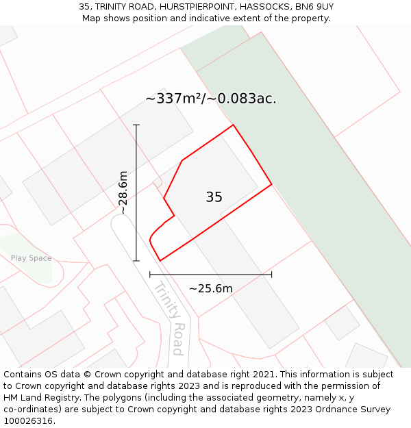 35, TRINITY ROAD, HURSTPIERPOINT, HASSOCKS, BN6 9UY: Plot and title map