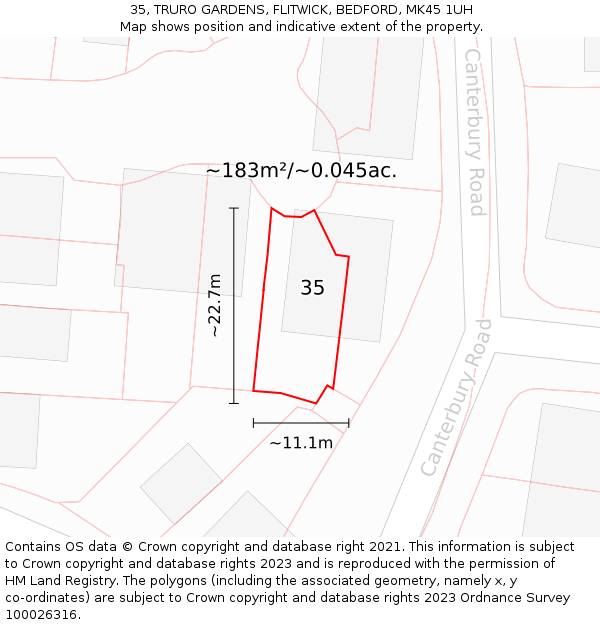 35, TRURO GARDENS, FLITWICK, BEDFORD, MK45 1UH: Plot and title map