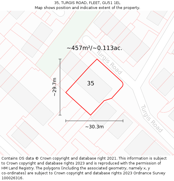 35, TURGIS ROAD, FLEET, GU51 1EL: Plot and title map