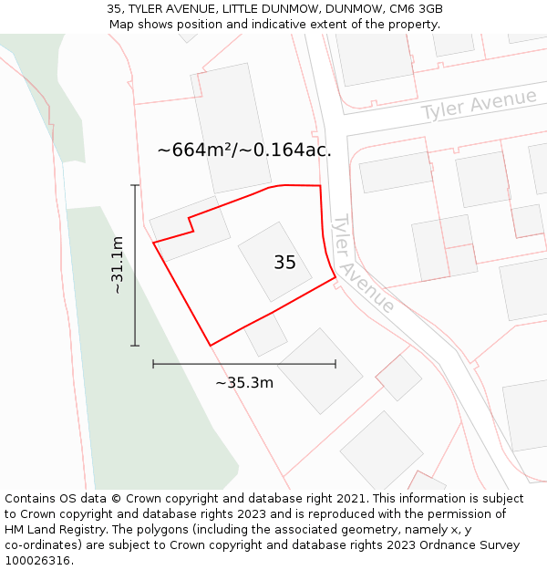 35, TYLER AVENUE, LITTLE DUNMOW, DUNMOW, CM6 3GB: Plot and title map