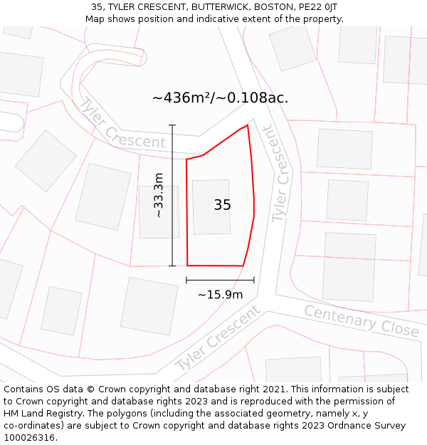35, TYLER CRESCENT, BUTTERWICK, BOSTON, PE22 0JT: Plot and title map