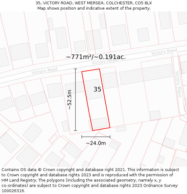 35, VICTORY ROAD, WEST MERSEA, COLCHESTER, CO5 8LX: Plot and title map