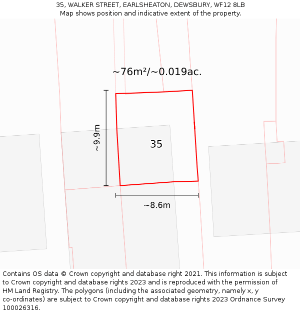35, WALKER STREET, EARLSHEATON, DEWSBURY, WF12 8LB: Plot and title map