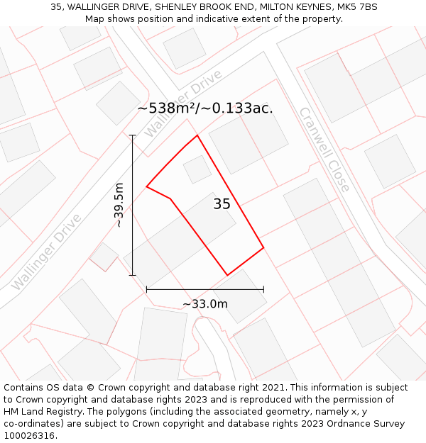 35, WALLINGER DRIVE, SHENLEY BROOK END, MILTON KEYNES, MK5 7BS: Plot and title map