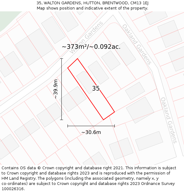 35, WALTON GARDENS, HUTTON, BRENTWOOD, CM13 1EJ: Plot and title map