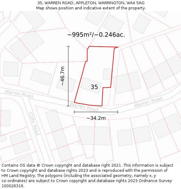 35, WARREN ROAD, APPLETON, WARRINGTON, WA4 5AG: Plot and title map