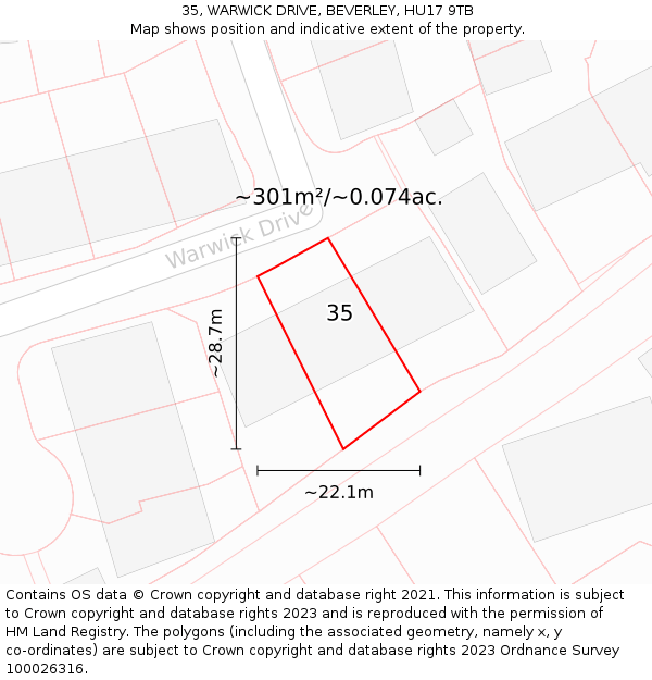 35, WARWICK DRIVE, BEVERLEY, HU17 9TB: Plot and title map