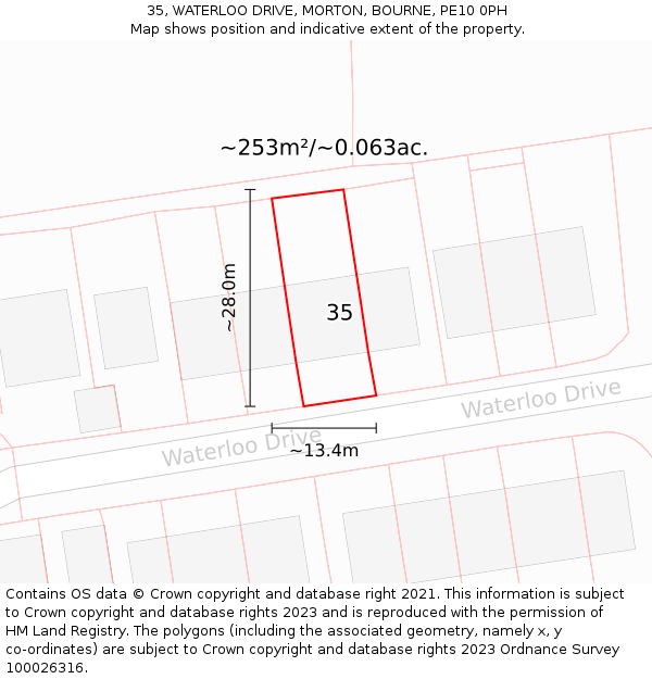 35, WATERLOO DRIVE, MORTON, BOURNE, PE10 0PH: Plot and title map