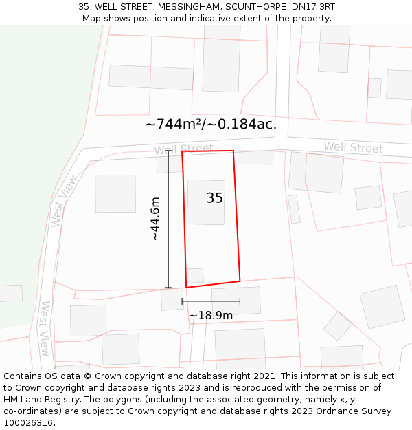 35, WELL STREET, MESSINGHAM, SCUNTHORPE, DN17 3RT: Plot and title map