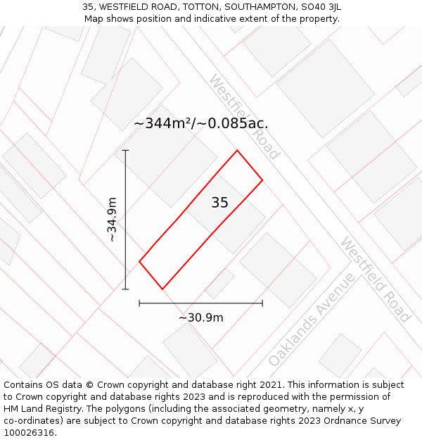 35, WESTFIELD ROAD, TOTTON, SOUTHAMPTON, SO40 3JL: Plot and title map