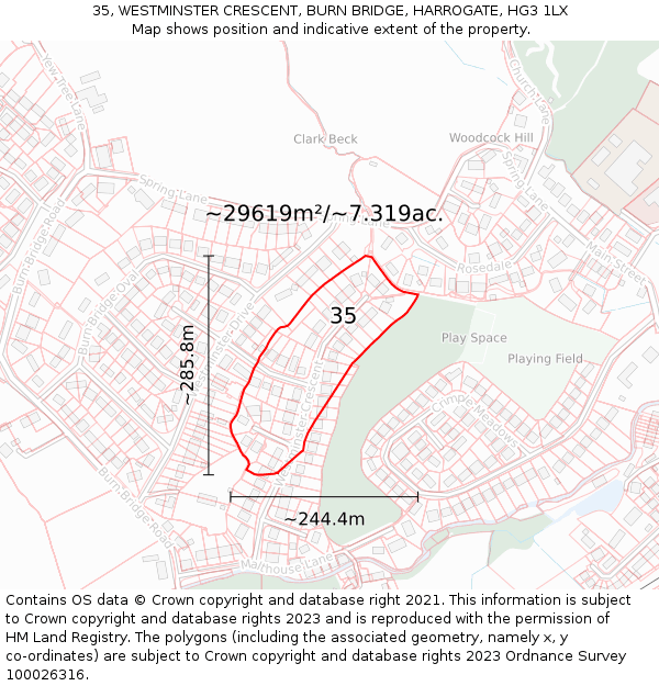 35, WESTMINSTER CRESCENT, BURN BRIDGE, HARROGATE, HG3 1LX: Plot and title map