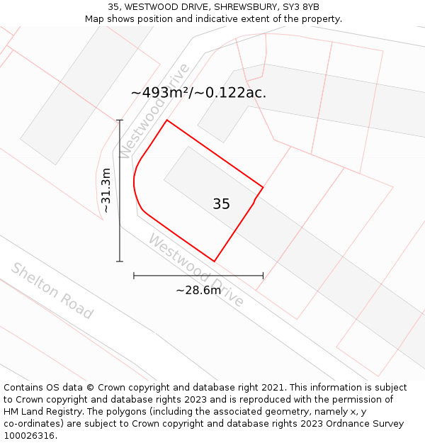 35, WESTWOOD DRIVE, SHREWSBURY, SY3 8YB: Plot and title map